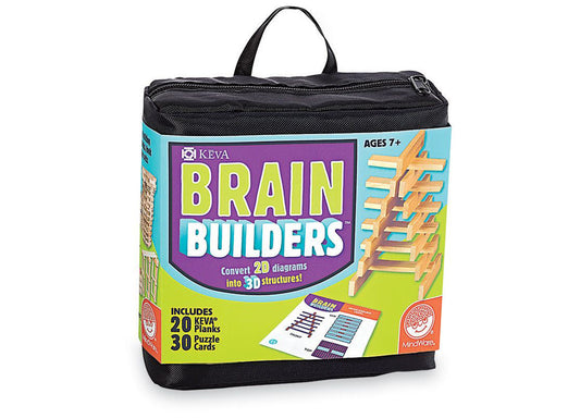 KEVA Brain Builders building set with black carrying bag, includes 20 wooden planks and 30 puzzle cards to convert 2D diagrams into 3D structures, ages 7+