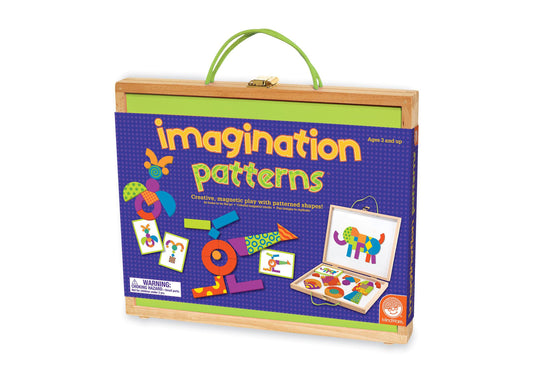 MindWare Imagination Patterns magnetic building set in wooden carrying case with green handle, showing colorful patterned magnetic shapes and design cards on bl