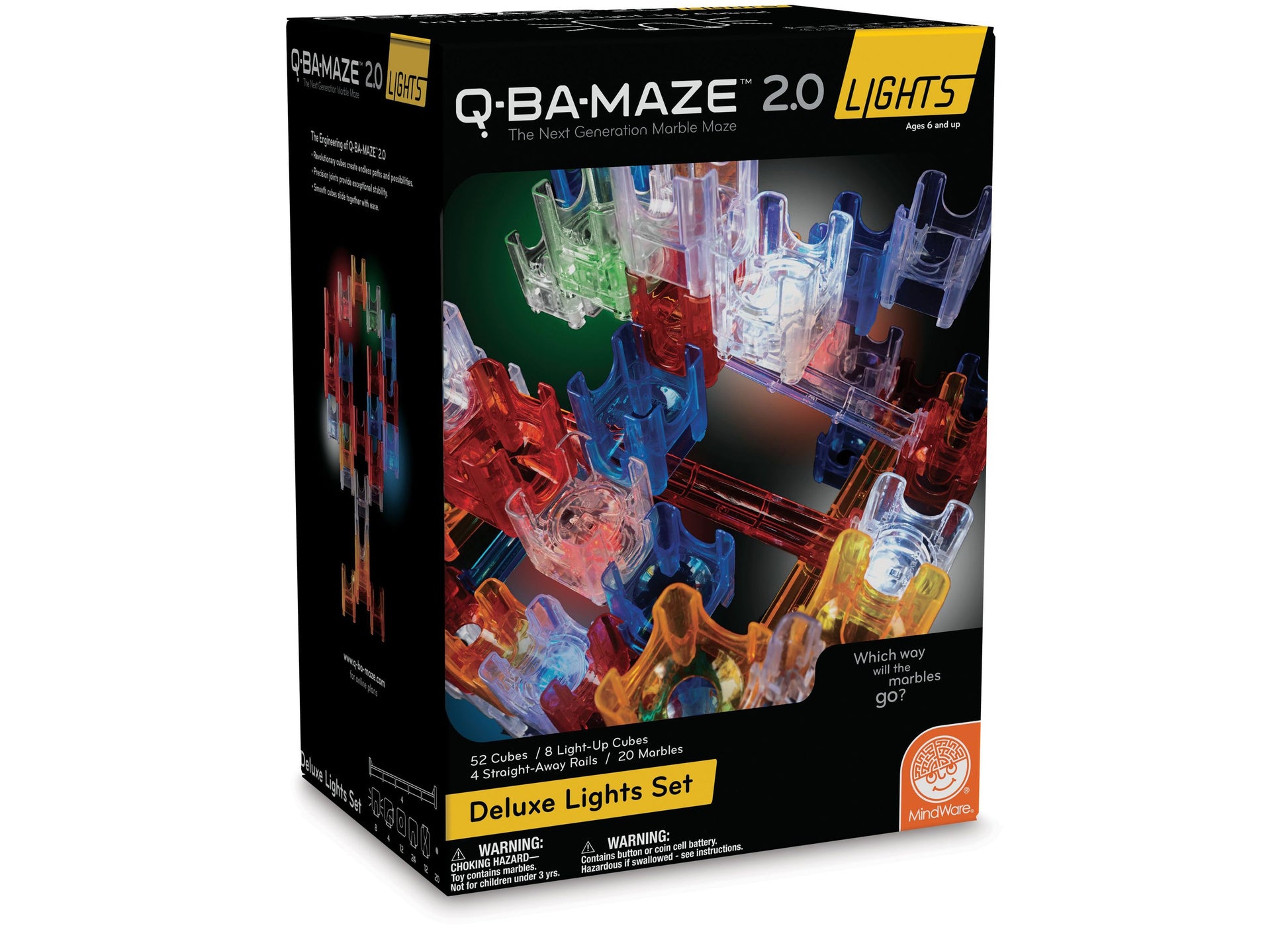 Q-BA-MAZE 2.0 Lights Deluxe Set box showing illuminated translucent maze cubes in red, blue, green, and yellow with light-up features and marbles