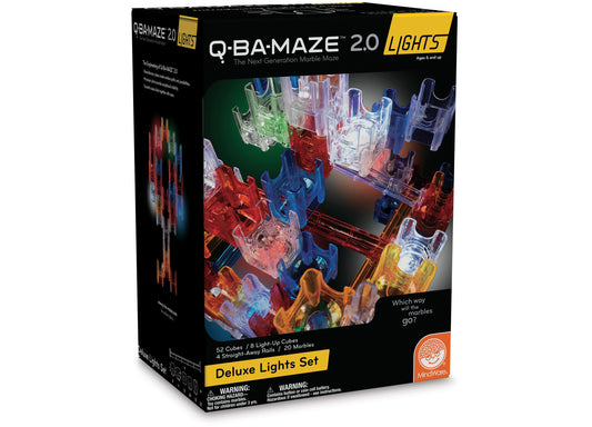 Q-BA-MAZE 2.0 Lights Deluxe Set box showing illuminated translucent maze cubes in red, blue, green, and yellow with light-up features and marbles