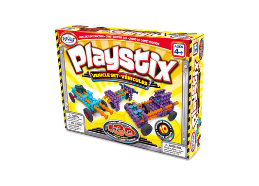 Popular Playthings Playstix Vehicles Set box showing colorful modular construction vehicles in blue, purple, and orange with black wheels, 130 pieces, ages 4+