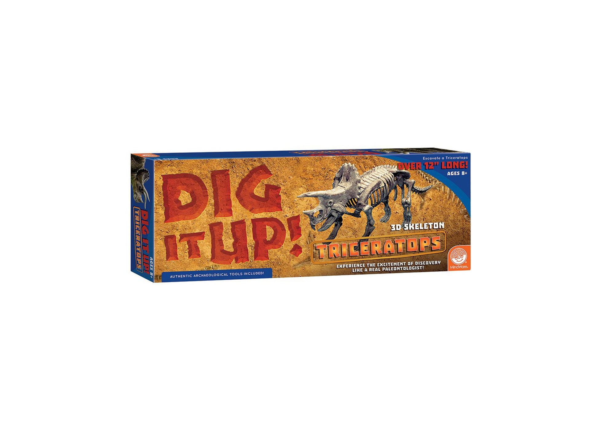 Dig It Up! Triceratops excavation kit box featuring red text on gold background, blue top panel, 3D skeleton triceratops illustration, and includes authentic ar