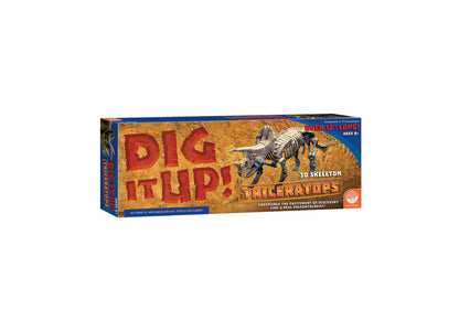 Dig It Up! Triceratops excavation kit box featuring red text on gold background, blue top panel, 3D skeleton triceratops illustration, and includes authentic ar