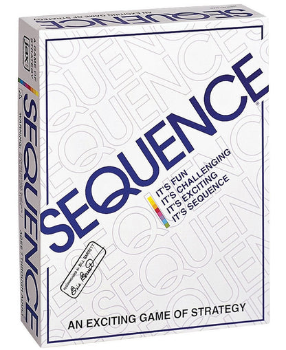 Sequence Strategy Board Game box featuring blue and white design with text reading "It's fun engaging, it's challenging, it's exciting sequence" and "An excitin