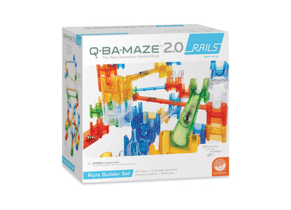 Q-BA-MAZE 2.0 Rails Builder Set package showing colorful translucent marble maze track with orange, blue, yellow, and green rail pieces and cubes