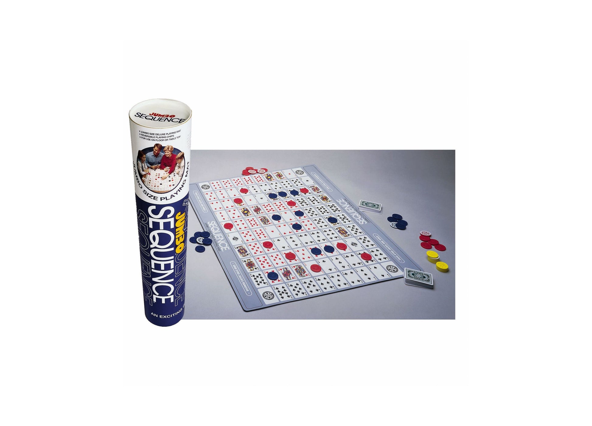 Sequence Giant Deluxe Edition board game with cylindrical packaging on left and oversized game board with card grid, colored chips, and game pieces displayed on