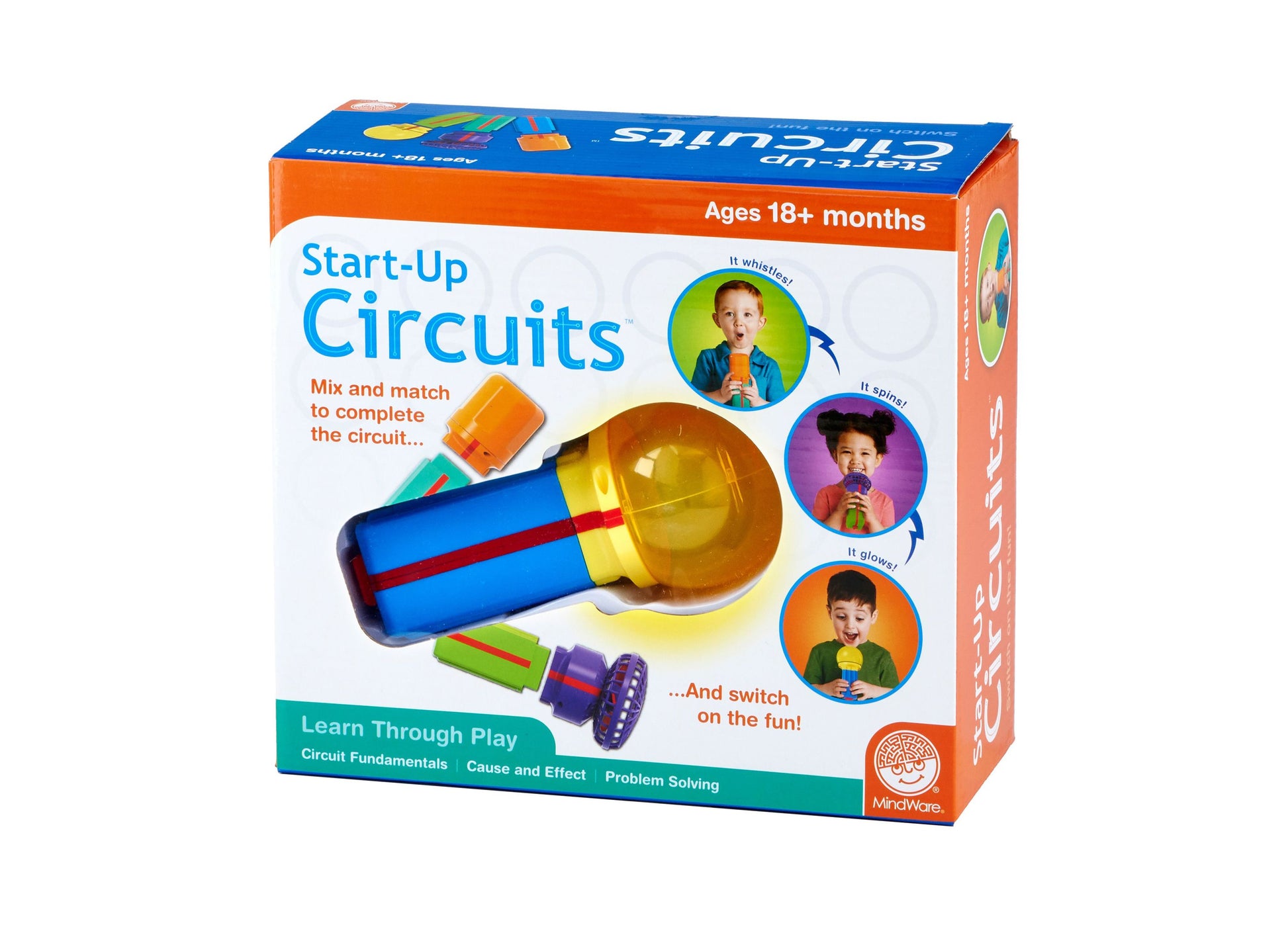 Start-Up Circuits box showing flashlight-shaped circuit toy with colorful connector pieces and three photos of toddlers using the product
