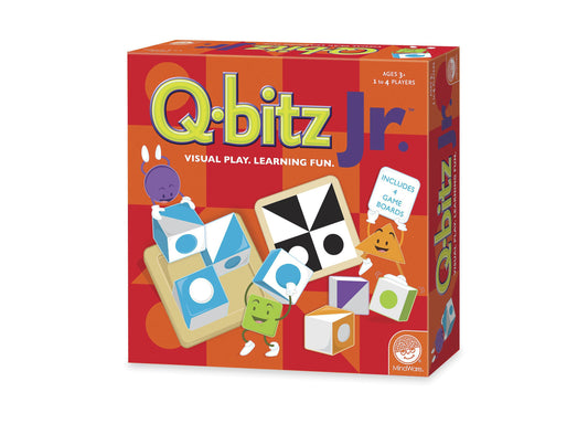 Q-bitz Jr. game box featuring colorful geometric puzzle tiles and cartoon character shapes on red and orange checkered background, ages 3+, 1 to 4 players