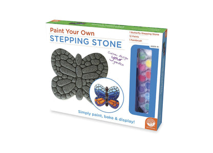 Paint Your Own Stepping Stone craft kit with butterfly-shaped stone, 12 paints, paintbrush, and painted example showing colorful butterfly design