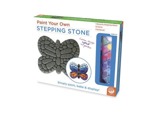 Paint Your Own Stepping Stone craft kit with butterfly-shaped stone, 12 paints, paintbrush, and painted example showing colorful butterfly design