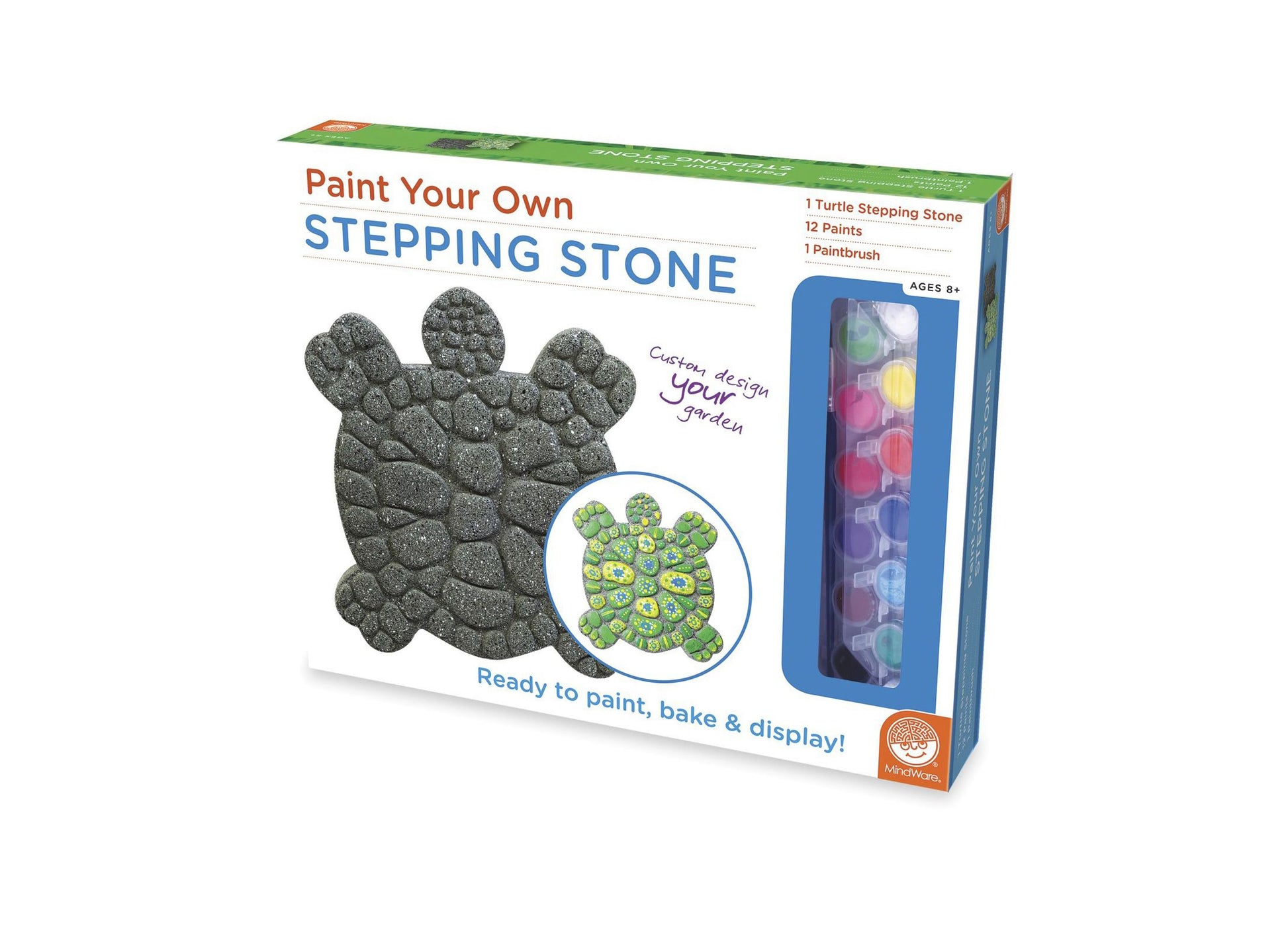 Paint Your Own Stepping Stone kit box showing turtle-shaped stone, paint palette, paintbrush, and finished green painted example with yellow details