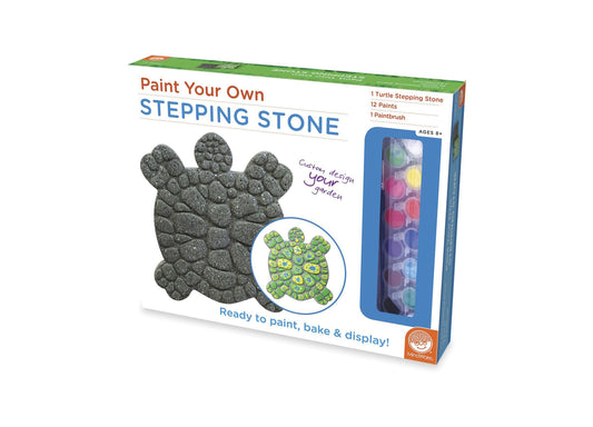 Paint Your Own Stepping Stone kit box showing turtle-shaped stone, paint palette, paintbrush, and finished green painted example with yellow details