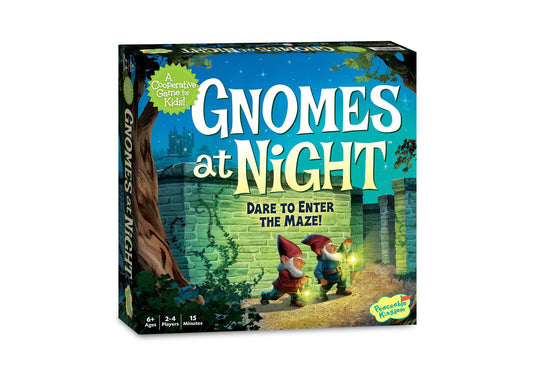 Gnomes at Night board game box showing two gnomes with glowing lanterns entering a brick maze at night, labeled 'A Cooperative Game for Kids', ages 6+, 2-4 play