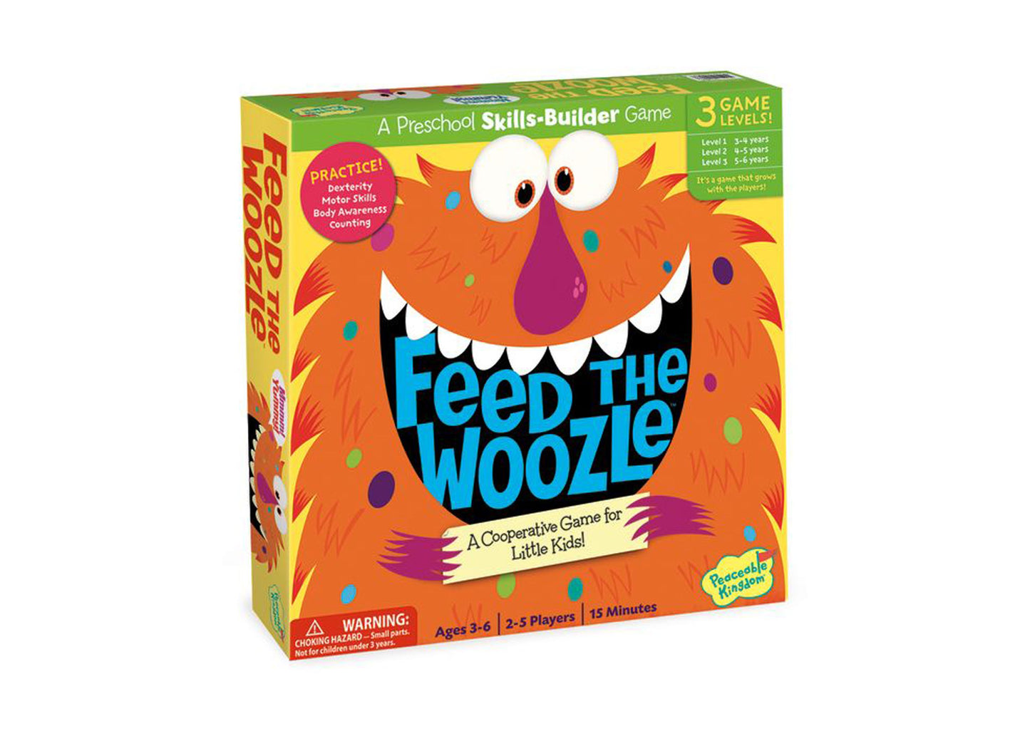 Feed the Woozle board game box featuring a colorful orange furry monster with big eyes and a wide smile, 3 game levels, ages 3-6, 2-5 players