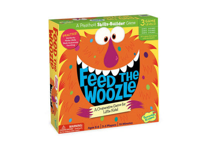 Feed the Woozle board game box featuring a colorful orange furry monster with big eyes and a wide smile, 3 game levels, ages 3-6, 2-5 players