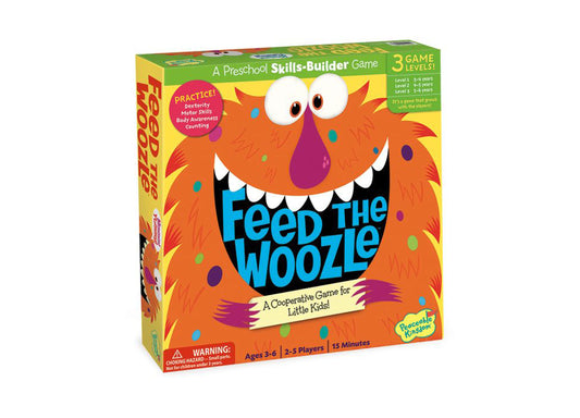 Feed the Woozle board game box featuring a colorful orange furry monster with big eyes and a wide smile, 3 game levels, ages 3-6, 2-5 players