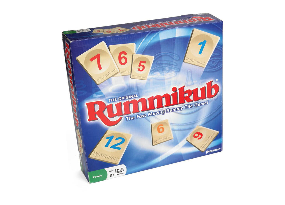 The Original Rummikub box showing numbered tiles (1, 5, 6, 7, 9, 12) arranged on blue background, labeled 'The Fast Moving Rummy Tile Game!' for ages 8+