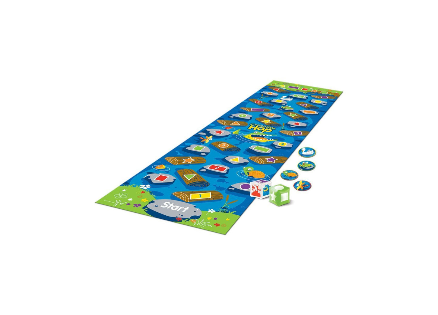 Crocodile Hop Floor Game with blue game mat, green start and finish sections, colorful token spaces, green cube die, and five circular spinner tokens on plain b