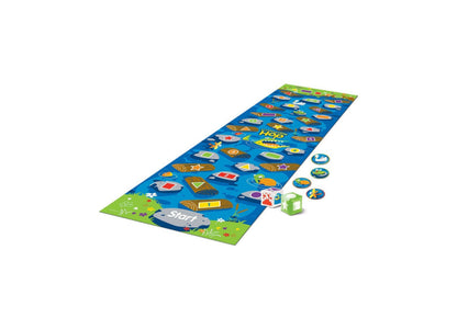 Crocodile Hop Floor Game with blue game mat, green start and finish sections, colorful token spaces, green cube die, and five circular spinner tokens on plain b