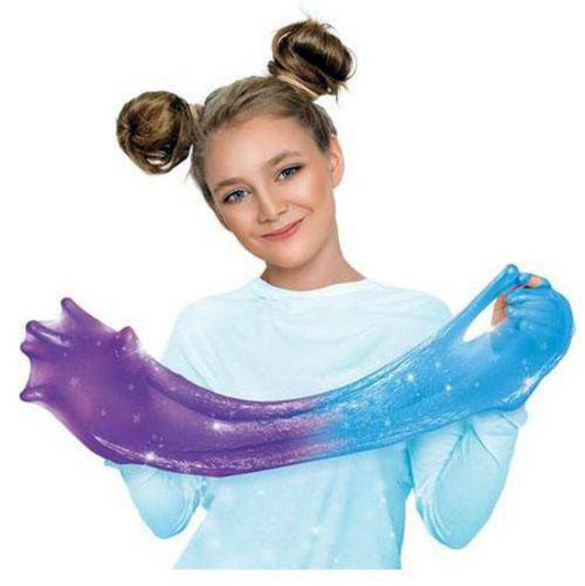 Child modeled by a girl holding stretchy purple-to-blue ombre slime that extends across both hands