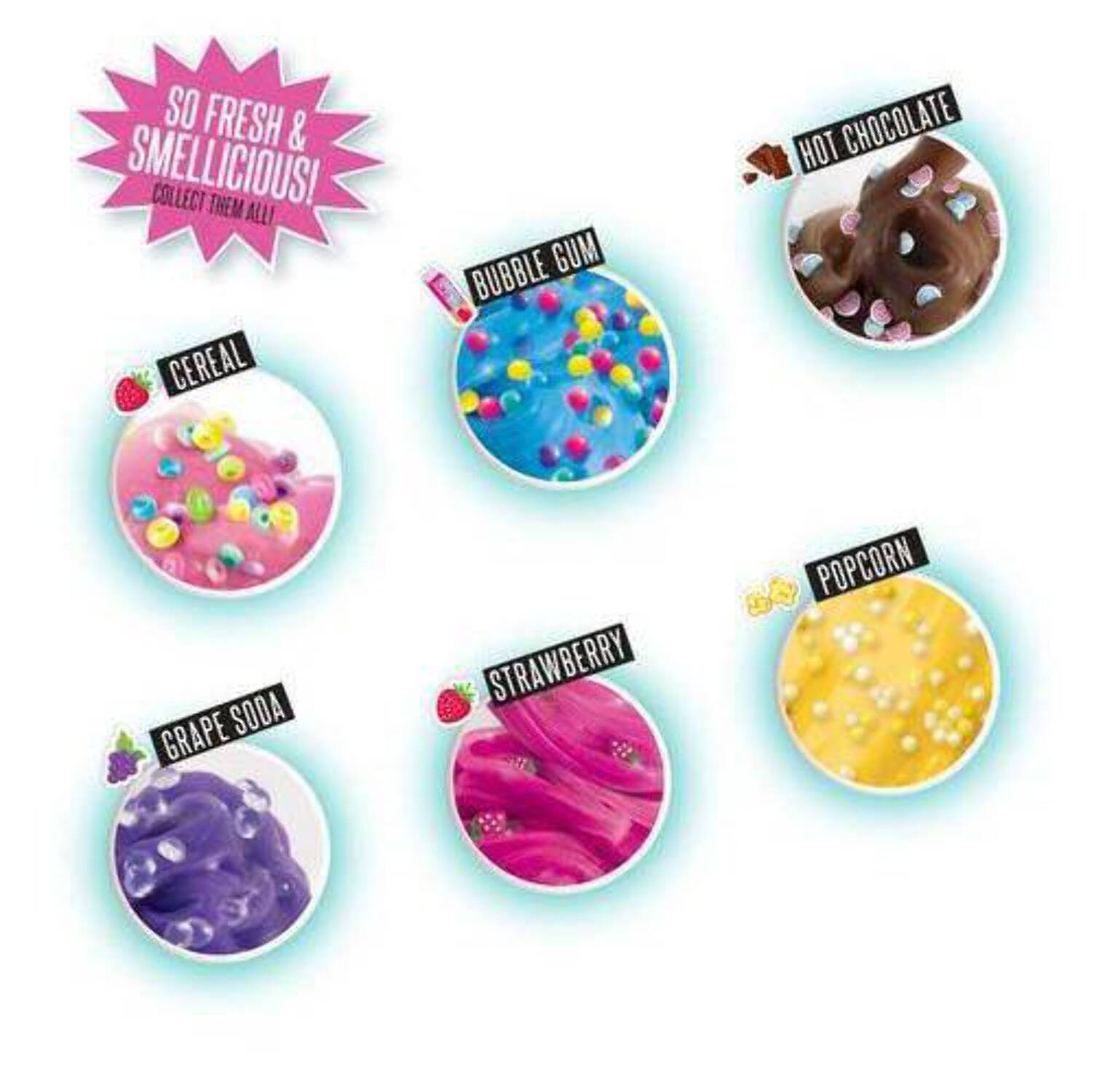Six colorful scented slime varieties labeled Cereal, Bubble Gum, Hot Chocolate, Grape Soda, Strawberry, and Popcorn, each in a circular container with sample be