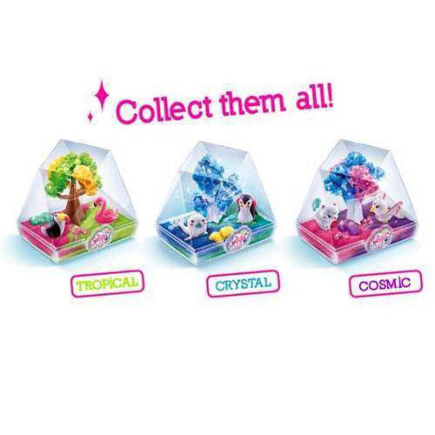 Collect them all! Three dome-shaped terrarium kits labeled Tropical, Crystal, and Cosmic, each containing colorful miniature plants, animals, and decorative ele