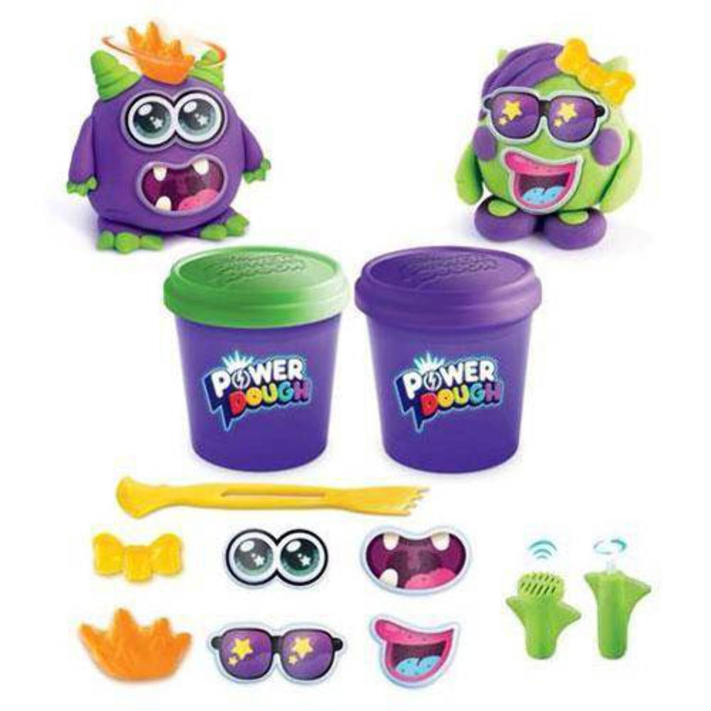 Monsters Magic Animated Dough Playset with two purple and green monster characters, two dough containers with lids, and accessory pieces including eyes, mouths,