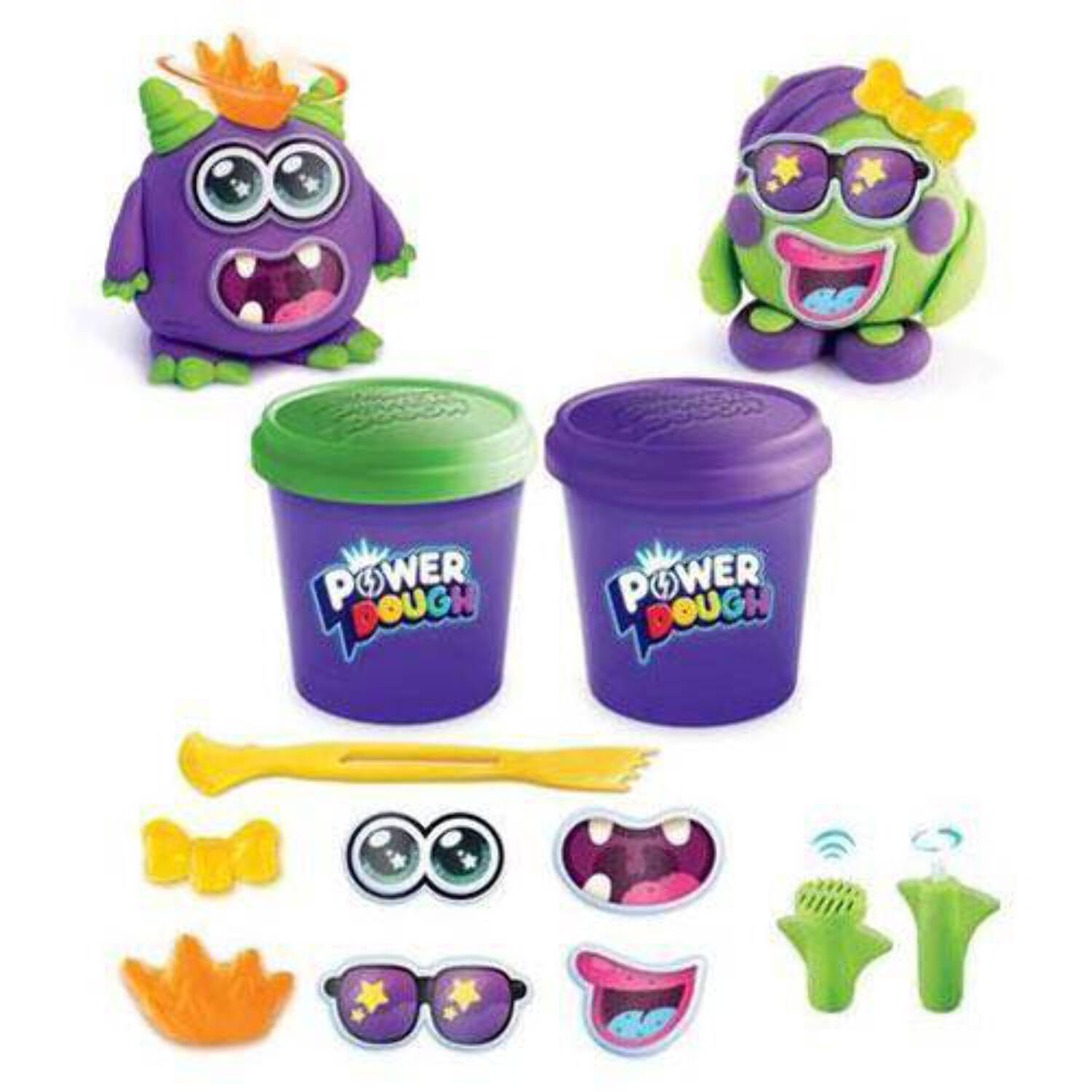 Monsters Magic Animated Dough Playset with two purple and green monster characters, two dough containers with lids, and accessory pieces including eyes, mouths,