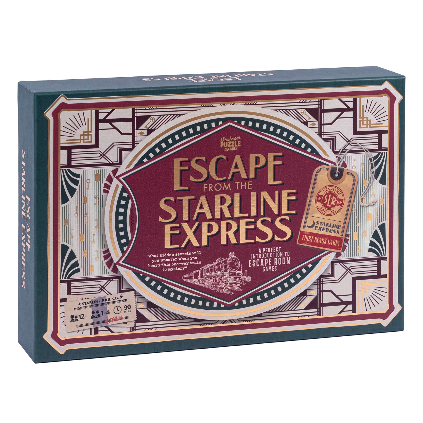 Escape from the Starline Express board game box with art deco design, burgundy and teal packaging featuring a vintage train illustration