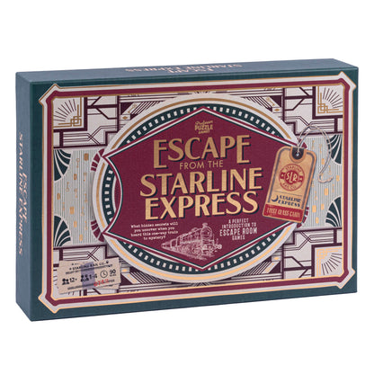 Escape from the Starline Express board game box with art deco design, burgundy and teal packaging featuring a vintage train illustration