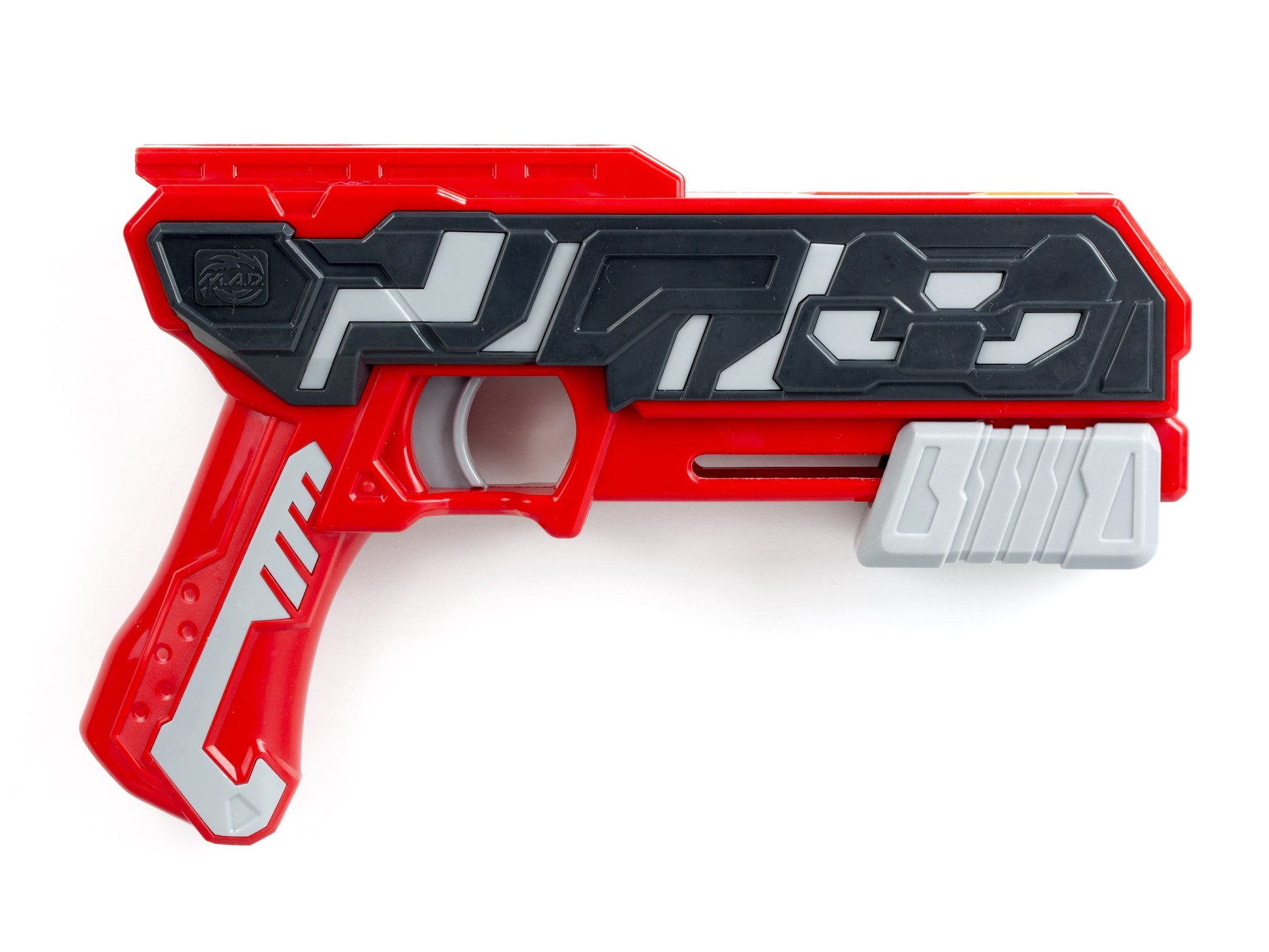 Red and black SPINNER M.A.D. Firestorm single shot blaster with white accents and gray trigger on plain background
