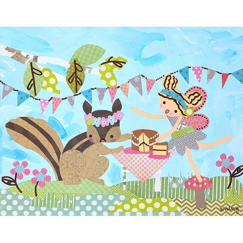 Whimsical illustration of a fairy with a squirrel in a garden, featuring bunting, flowers, mushroom, and patterned details in pink, green, and blue