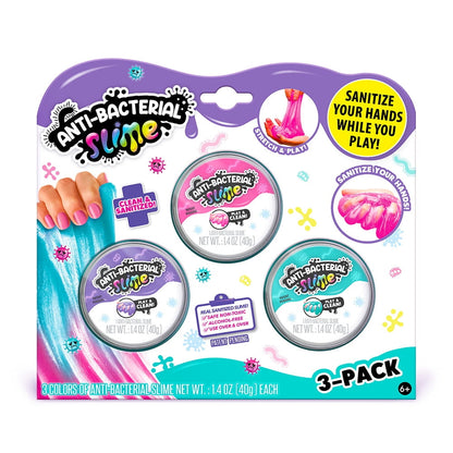 3-pack Anti-Bacterial Slime with pink, purple, and turquoise containers, each 1.4 oz, displayed on purple packaging with sanitizing hand graphics and virus icon