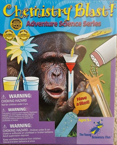 Chemistry Blast Adventure Science Series kit box featuring a chimpanzee with laboratory beakers, test tubes, and colorful science experiment graphics