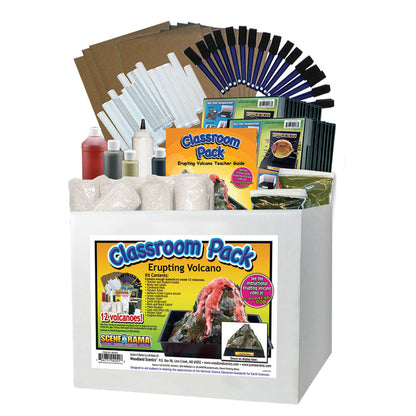 Erupting Volcano Classroom Pack kit contents displayed in white box, including materials for 12 volcanoes, colored liquids, white powder, instruction guides, an