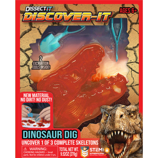 Dissect It Discover-It Dinosaur Dig excavation kit package showing red fossil replica, blue and teal excavation tools, and dinosaur skull, ages 6+