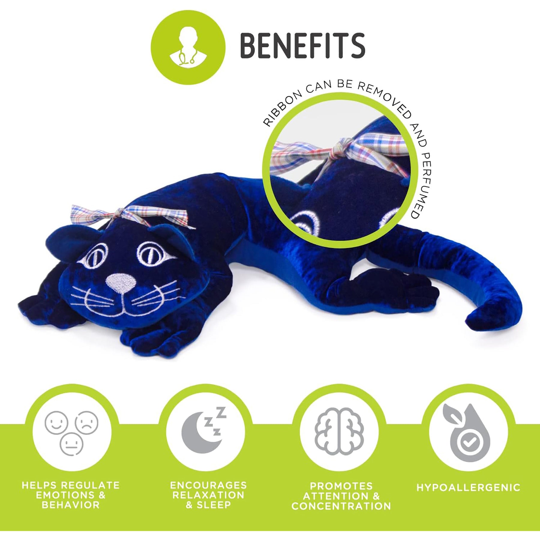 Manimo Cozy Weighted Cat Plush toy in blue velvet with removable ribbon, showing sensory benefits
