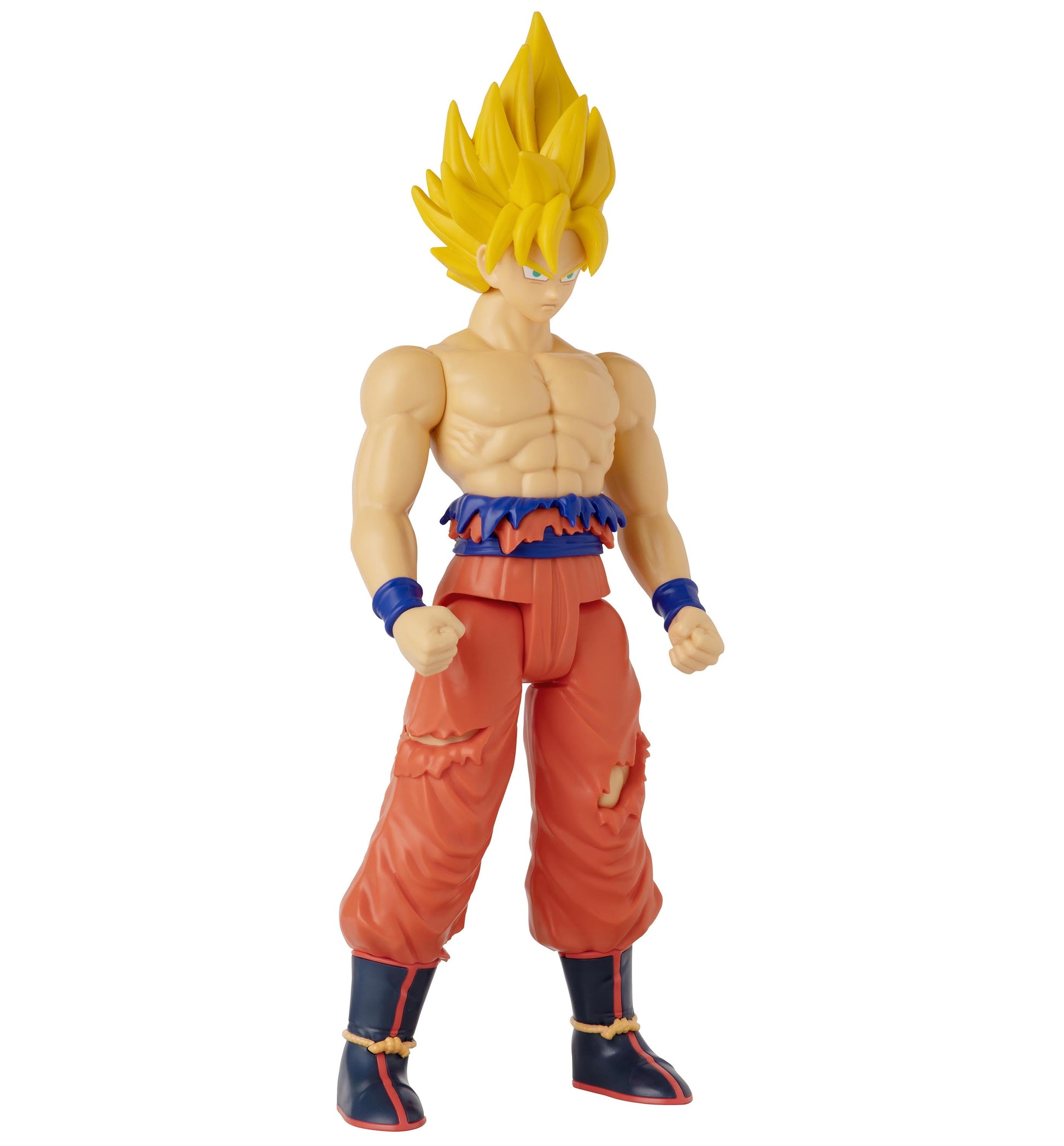 Super Saiyan Goku action figure with spiky blonde hair, muscular torso, red pants with blue waistband, blue wrist bands, and black and red boots