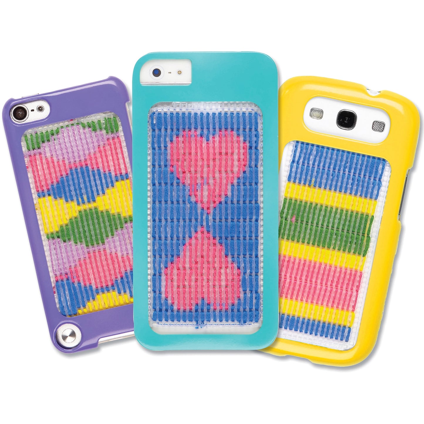 Three colorful phone case craft kits in purple, turquoise, and yellow, each featuring a needlepoint design with multicolored pixelated patterns on the back