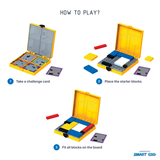 HOW TO PLAY? Take a challenge card. Place the starter blocks. Fit all blocks on the board. Mondrian Blocks Yellow Edition game components and instructions shown