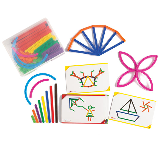 edxeducation Junior GeoStix set with 200 colorful plastic sticks, curved connectors in blue and magenta, activity cards showing geometric designs, displayed on