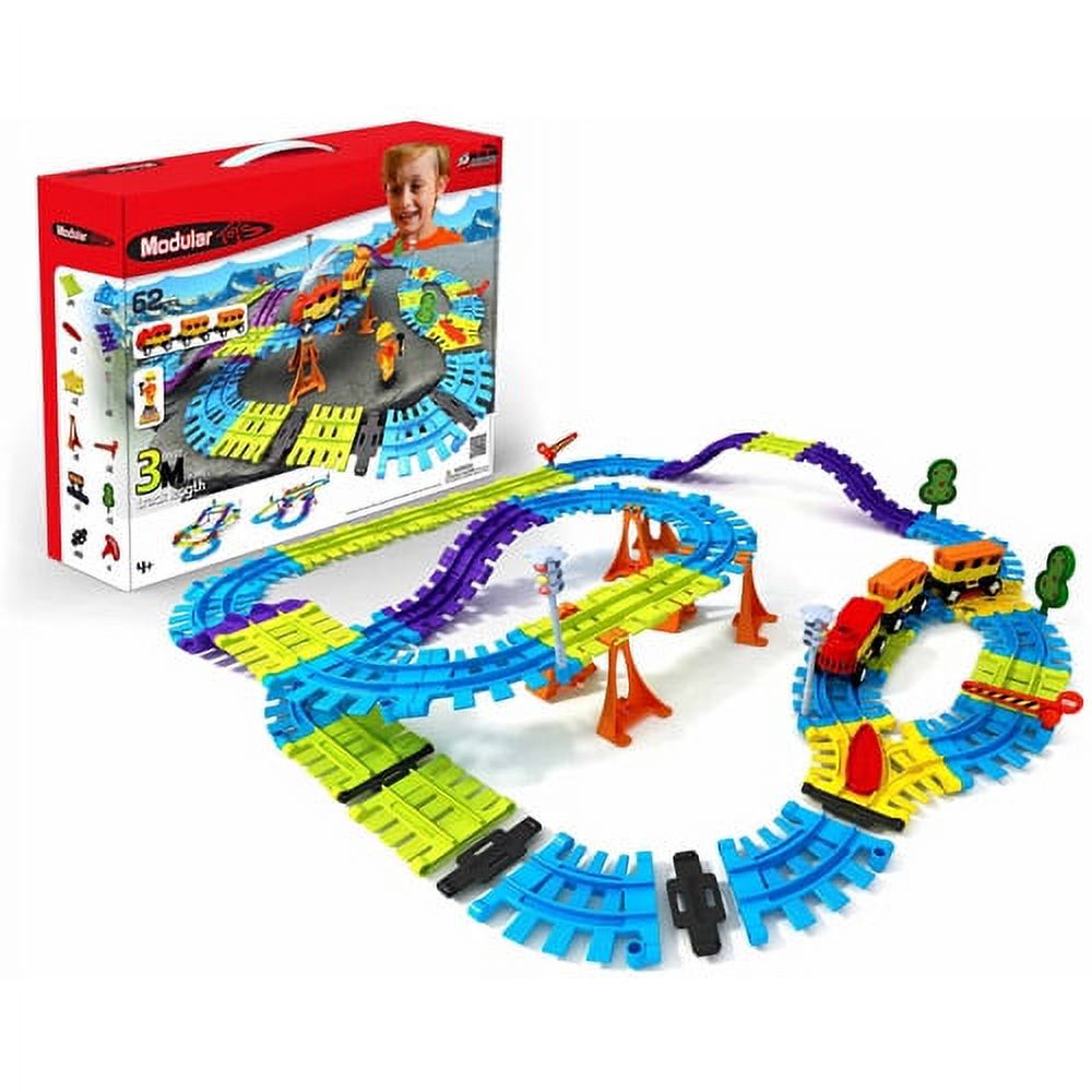 Modular 3D railway building set with colorful blue, yellow, and lime-green interlocking track pieces, orange bridge supports, and three small toy vehicles on wh