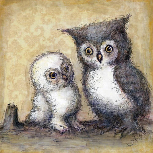 Two illustrated owls with golden eyes on a beige textured background, one white and one dark gray, in an artistic sketch style