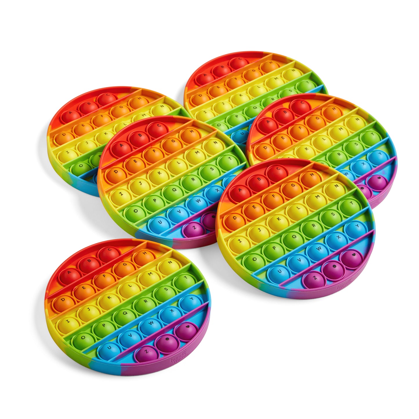 Five rainbow circular pop it fidget toys with alphabet letters, displayed on white background