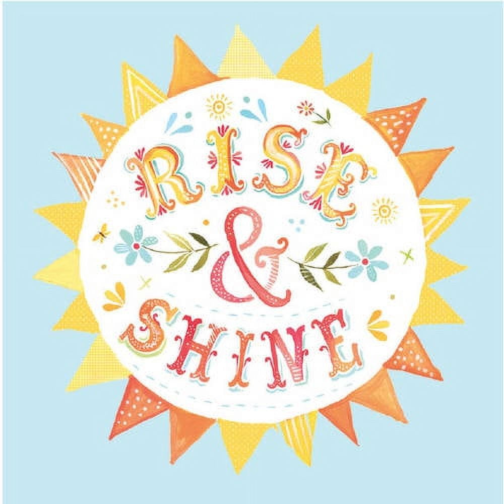 Rise & Shine canvas wall art with colorful hand-lettered text on white circle surrounded by yellow and orange sun rays on blue background
