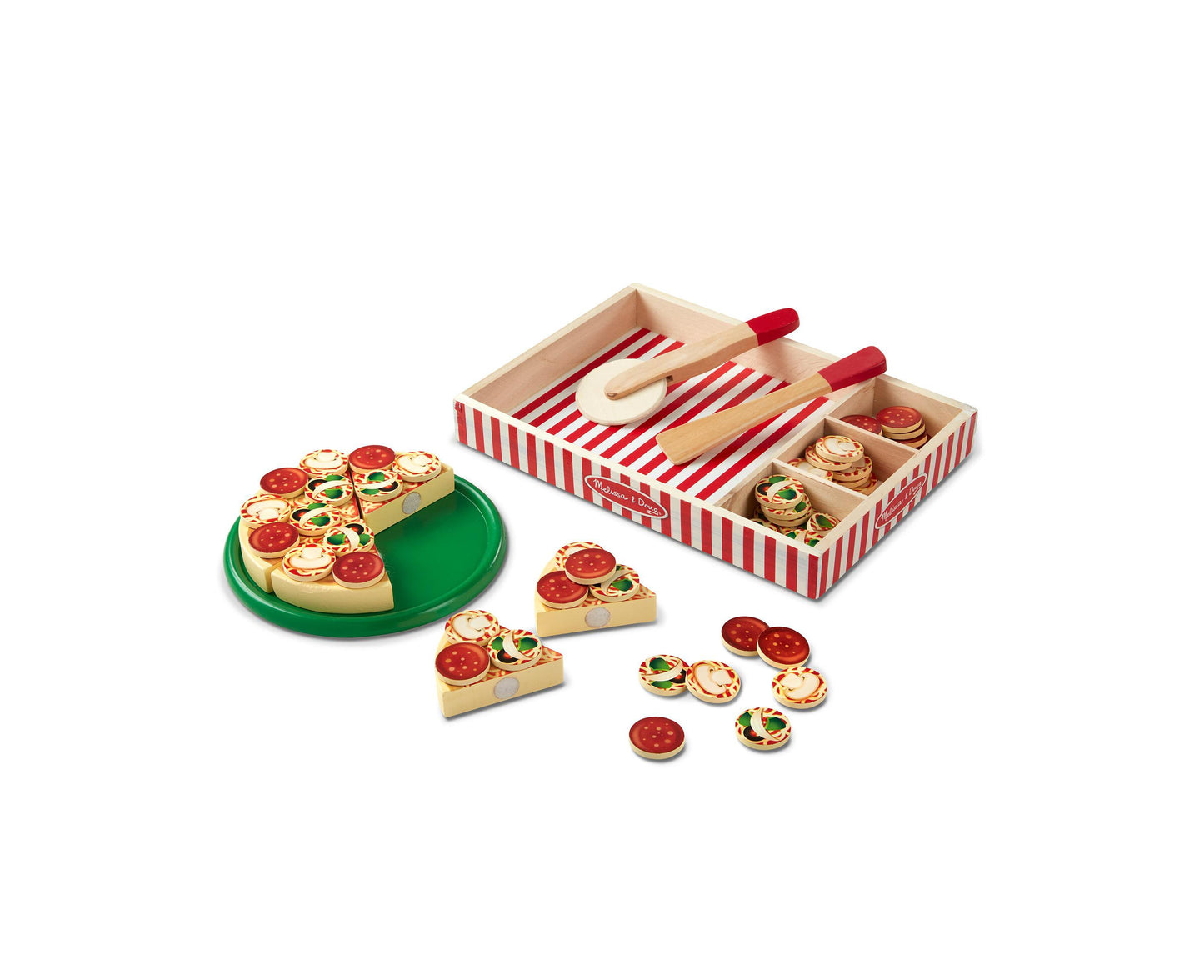 Wooden pizza play set with sliced pizza on green plate, individual pizza slices, toppings, wooden utensils, and red-and-white striped storage box