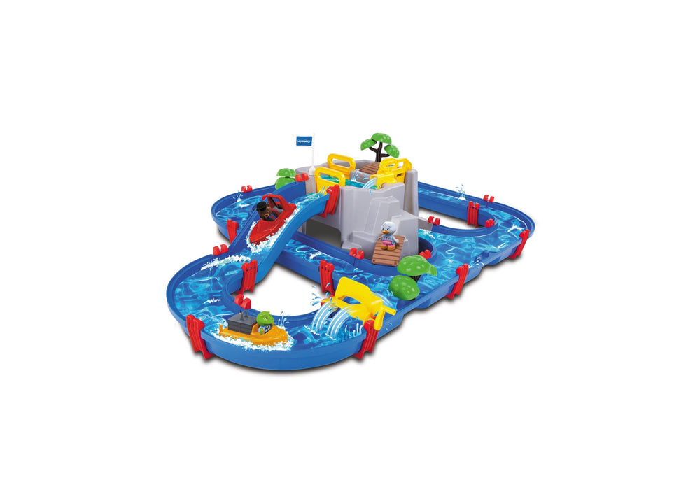 Aquaplay Mountain Lake Interactive Water Playset with blue track, red boats, yellow water cannons, central castle tower, green trees, and included figures on pl
