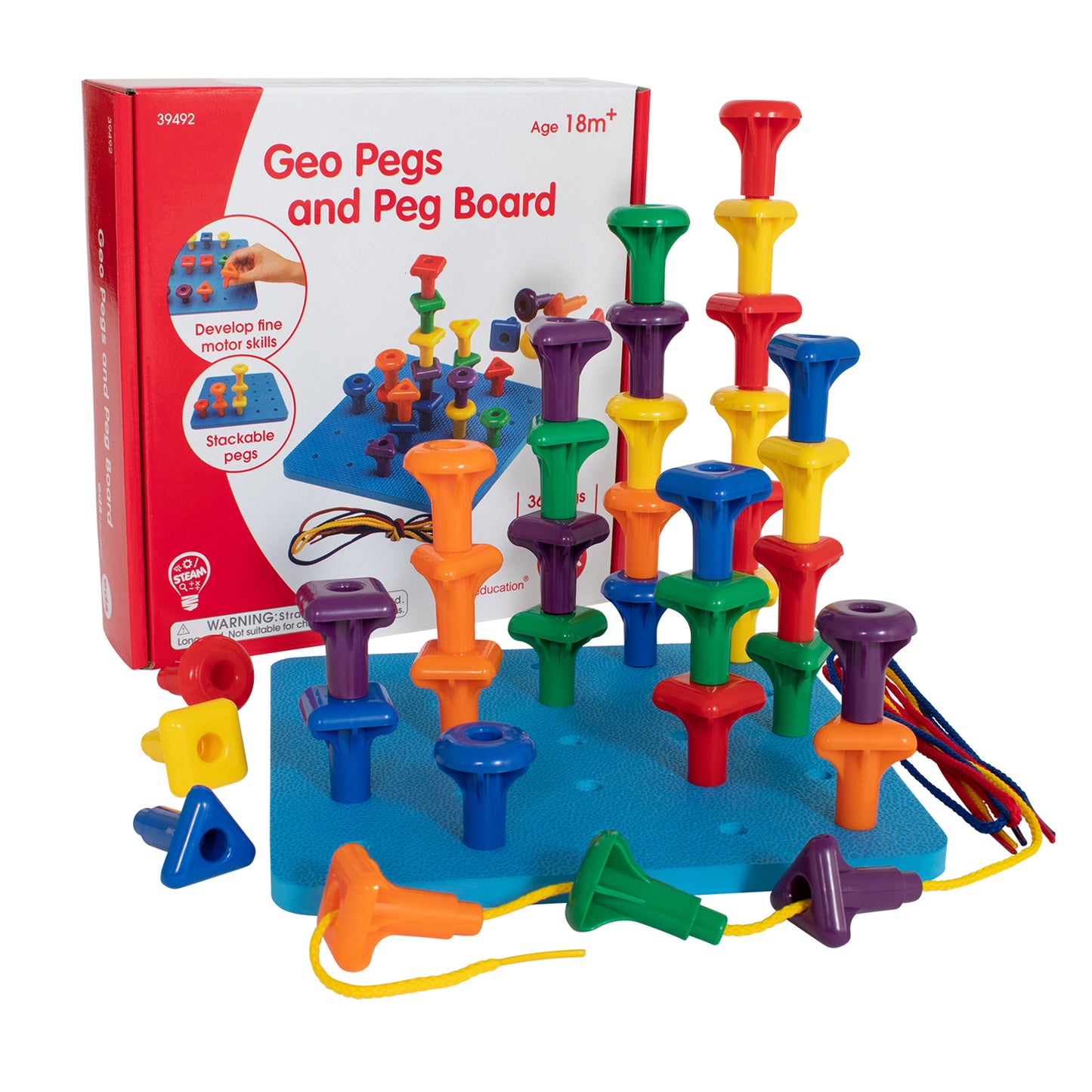 Geo Pegs and Peg Board set with blue pegboard, colorful stackable pegs in red, yellow, green, blue, orange, and purple, and connecting cords