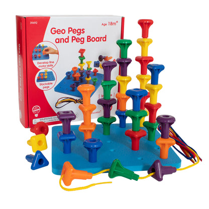 Geo Pegs and Peg Board set with blue pegboard, colorful stackable pegs in red, yellow, green, blue, orange, and purple, and connecting cords