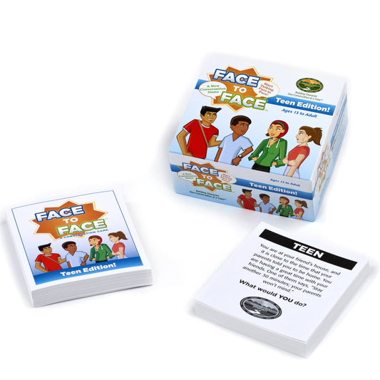 Face to Face Teen Edition conversation game box, instruction cards, and sample question card showing game components for ages 13 to adult